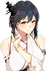 Rule 34 | 1girl, asakawa (outeq), bare shoulders, black hair, blush, breasts, closed mouth, collarbone, commentary, fingernails, hair between eyes, hair ornament, japanese clothes, jewelry, kantai collection, long sleeves, looking at viewer, medium hair, nontraditional miko, red eyes, red ribbon, ribbon, ribbon-trimmed sleeves, ribbon trim, ring, simple background, smile, solo, upper body, wedding band, white background, wide sleeves, yamashiro (kancolle)