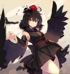 Rule 34 | 1girl, ahoge, alternate costume, bare shoulders, beige background, black hair, black hat, black kimono, black sash, black skirt, black wings, breasts, cloud, commentary request, detached sleeves, falken (yutozin), feathered wings, hair between eyes, hat, highres, japanese clothes, kimono, large breasts, looking at viewer, mini hat, miniskirt, obi, one-hour drawing challenge, pom pom (clothes), red eyes, ribbon-trimmed skirt, ribbon trim, sarashi, sash, shameimaru aya, short hair, simple background, skirt, sleeveless, sleeveless kimono, smile, solo, tassel, thighs, tokin hat, touhou, wings