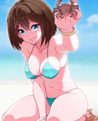 Rule 34 | 10s, 1girl, animal, aqua bikini, arm support, armpits, beach, between legs, bikini, blue eyes, blurry, blush, bob cut, bracelet, breasts, brown hair, cleavage, covered erect nipples, crab, day, depth of field, hair between eyes, hair ornament, halterneck, hand between legs, high heels, highres, holding, holding animal, jewelry, kantai collection, kurihara kenshirou, large breasts, looking at viewer, maya (kancolle), navel, ocean, on ground, outdoors, outstretched arm, parted lips, shade, shoes, short hair, sideboob, sitting, skindentation, smile, solo, stomach, strap gap, swimsuit, thighs, wariza, x hair ornament