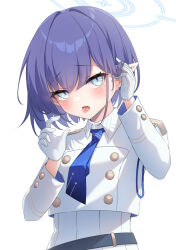 Rule 34 | 1girl, aoi (blue archive), belt, black hair, blue archive, blue eyes, blue necktie, blush, breasts, buttons, cropped jacket, fellatio gesture, gloves, hair ornament, halo, handjob gesture, hands in hair, hands up, highres, jacket, long sleeves, looking at viewer, mole, mole under eye, necktie, open mouth, oral invitation, pointy ears, sexually suggestive, short hair, simple background, small breasts, solo, tongue, tongue out, umou (may65879), upper body, white background, white gloves, white jacket