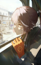 1girl absurdres alternate_costume bright_pupils bus_interior changli_(wuthering_waves) closed_mouth colored_extremities commentary highres looking_outside pink_hair ponytail portrait red_hands reflection revision ryeon_(bluetom1) smile solo white_hair white_pupils wuthering_waves yellow_eyes