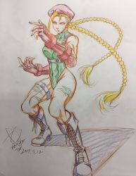Rule 34 | 1girl, 2017, battle stance, blonde hair, boots, braid, breasts, cammy white, curvy, dated, fingerless gloves, gloves, green leotard, highleg, highleg leotard, highres, leotard, looking at viewer, muscular, noh gil-bo, simple background, street fighter, street fighter v, traditional media, twin braids