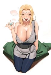 Rule 34 | 1girl, absurdres, blonde hair, blush, breasts, brown eyes, choko (cup), cleavage, coat, unworn coat, collarbone, cup, drunk, facial mark, forehead mark, highres, kevbot, large breasts, looking at viewer, mature female, naruto, naruto (series), open mouth, seiza, simple background, sitting, sleeveless, smile, solo, strap slip, sweat, tsunade (naruto)