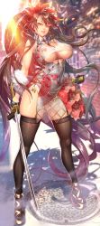 Rule 34 | 1girl, absurdres, black hair, black thighhighs, blurry, blurry background, breasts, brown eyes, china dress, chinese clothes, cleavage, cleavage cutout, clothing cutout, covered navel, day, dress, feather boa, full body, garter straps, gloves, gluteal fold, half gloves, highres, holding, holding sword, holding weapon, huge filesize, katana, large breasts, legs apart, lips, long hair, looking at viewer, lucknight, manhole cover, nipples, original, outdoors, parted lips, platform footwear, ponytail, see-through, sleeveless, solo, standing, sword, thighhighs, tight clothes, tight dress, weapon