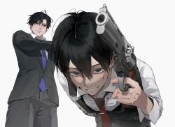 Rule 34 | 2boys, aiming, aiming at viewer, arm behind back, bent over, black eyes, blood, blood on clothes, blood on face, blue necktie, collared shirt, crossed arms, evil grin, evil smile, formal, grin, gun, hair between eyes, handgun, holding, holding gun, holding weapon, huh 1222, kim dokja, korean commentary, looking at another, looking at viewer, male focus, multiple boys, necktie, omniscient reader&#039;s viewpoint, parted lips, revolver, shirt, short hair, sleeves rolled up, smile, suit, vest, weapon, white background, yoo joonghyuk