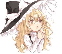 Rule 34 | 1girl, black hat, black vest, blonde hair, blush, bow, brown hair, commentary request, cropped torso, hair between eyes, hands up, hat, hat bow, highres, interlocked fingers, kirisame marisa, kizitora hato, long hair, long sleeves, open mouth, own hands together, shirt, simple background, solo, sparkle, touhou, turtleneck, upper body, vest, white background, white bow, white shirt, witch hat
