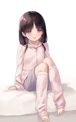 Rule 34 | 1girl, black hair, blush, full body, grey eyes, highres, leg warmers, looking down, low twintails, medium hair, na-ga, open mouth, original, pajamas, shorts, sitting, sleeves past wrists, smile, solo, toes, twintails