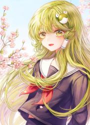 Rule 34 | 1girl, absurdres, black shirt, black skirt, blue sky, blush, bow, bowtie, branch, cherry blossoms, commentary request, flower, frog hair ornament, gradient sky, green eyes, green hair, hair between eyes, hair ornament, hair tubes, highres, hourai kiriri, kochiya sanae, leaf, long hair, long sleeves, looking away, open mouth, petals, pink flower, red bow, red bowtie, sailor collar, school uniform, serafuku, shirt, skirt, sky, smile, snake hair ornament, solo, star (symbol), star in eye, symbol in eye, teeth, tongue, touhou, white sky