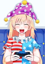 Rule 34 | 1girl, american flag print, american flag shirt, blonde hair, clownpiece, cobalt, controller, dualshock, game controller, gamepad, happy, hat, highres, jester cap, long hair, neck ruff, open mouth, playstation controller, polka dot, print shirt, shirt, short sleeves, smile, solo, star (symbol), star print, striped, touhou, upper body