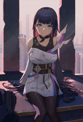 Rule 34 | 1girl, absurdres, bare shoulders, black hair, black pantyhose, black tank top, blue eyes, breasts, cleavage, collarbone, commentary request, dated, dress, earrings, feet out of frame, fled, highres, honkai (series), honkai impact 3rd, jewelry, knees together feet apart, long hair, medium breasts, multicolored hair, pantyhose, raiden mei, raiden mei (apho), red hair, sitting, solo, tank top, two-tone hair, very long hair, white dress