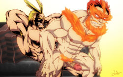 Rule 34 | 10s, 2boys, abs, all might, anal, armpit hair, armpits, arms behind head, arms up, artist request, bara, blonde hair, boku no hero academia, clenched teeth, endeavor (boku no hero academia), erection, facial hair, fire, glans, grin, happy, male focus, male penetrated, multiple boys, muscular, nipples, nude, parted lips, pectorals, penis, red hair, reverse cowgirl position, riding, sex, sex from behind, shaded face, short hair, smile, spiked hair, spread legs, squatting, straddling, teeth, testicles, veins, veiny penis, yagi toshinori, yaoi