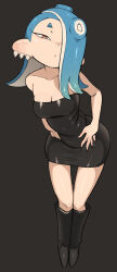 Rule 34 | 1girl, alternate breast size, alternate costume, bare shoulders, black background, black dress, black footwear, blue hair, boots, breasts, bright pupils, cleavage, closed mouth, collarbone, dress, earrings, female focus, full body, hair over one eye, half-closed eyes, hands on own hips, highres, jewelry, knee boots, leaning forward, legs together, long hair, looking at viewer, medium breasts, multiple earrings, nintendo, octoling, one eye covered, pencil dress, red eyes, shiny clothes, shiny skin, shiver (splatoon), short dress, simple background, skindentation, solo, splatoon (series), splatoon 3, standing, strapless, strapless dress, suction cups, tentacle hair, tentacles, thigh gap, thighs, white pupils, yuta agc