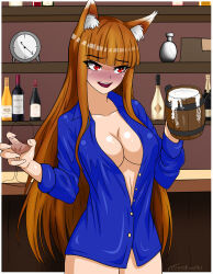 Rule 34 | absurdres, alcohol, animal ears, blunt bangs, blush, bottle, bottomless, breasts, cleavage, collarbone, cpt.tester works, cup, drinking, drinking glass, drunk, fingernails, highres, holo, long hair, medium breasts, open clothes, open mouth, open shirt, red eyes, red hair, spice and wolf, wine bottle, wine glass, wolf ears