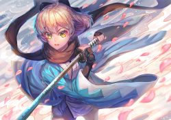 1girl ahoge black_bow black_scarf blonde_hair bow cherry_blossoms cowboy_shot fate_(series) green_eyes hair_between_eyes hair_bow haori highres holding holding_sword holding_weapon japanese_clothes katana kimono koha-ace kozou_kazaru okita_souji_(fate) okita_souji_(koha-ace) open_mouth scarf short_hair short_kimono solo standing sword v-shaped_eyebrows weapon white_kimono