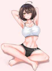 Rule 34 | 1girl, ahoge, armpits, arms behind head, arms up, azur lane, baltimore (azur lane), baltimore (black ace) (azur lane), bare shoulders, barefoot, beige background, black shorts, blush, braid, breasts, brown hair, cleavage, collarbone, commentary request, french braid, full body, groin, hair between eyes, highres, impossible clothes, indian style, large breasts, looking at viewer, michinoku (michino934), midriff, navel, shadow, short hair, short shorts, shorts, sidelocks, simple background, sitting, smile, solo, sports bra, white sports bra, yellow eyes
