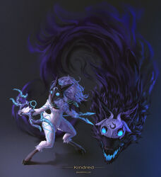 Rule 34 | 1girl, arrow (projectile), blue eyes, body fur, bow (weapon), character name, commentary, full body, furry, furry female, grey background, highres, holding, holding arrow, holding bow (weapon), holding weapon, kindred (league of legends), lamb (league of legends), league of legends, long hair, mask, open mouth, standing, wasabichan, weapon, white fur, wolf (league of legends)