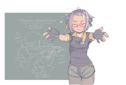 Rule 34 | 1girl, :&lt;, assault rifle, blush, breasts, bullpup, carbine, chalkboard, clenched hand, closed eyes, commentary, english commentary, english text, facing viewer, forehead, full-face blush, glasses, gloves, gun, hair intakes, hair ribbon, hairband, hexagram, incoming hug, iwi tavor, jarv, light purple hair, original, pantyhose, partially fingerless gloves, personification, red-framed eyewear, ribbon, rifle, semi-rimless eyewear, short shorts, short sleeves, shorts, small breasts, sniper rifle, solo, star of david, submachine gun, thigh gap, tomboy, under-rim eyewear, weapon, x95 (jarv)