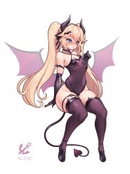Rule 34 | 1girl, adjusting clothes, black horns, black thighhighs, blonde hair, blue eyes, breasts, choker, demon girl, demon horns, demon tail, demon wings, elbow gloves, full body, gloves, hair ribbon, highres, horns, last origin, long hair, ribbon, simple background, sitting, small breasts, solo, tail, thetis (last origin), thighhighs, toriseru (rare stone), twintails, very long hair, white background, wings