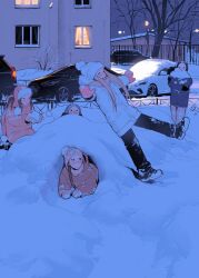 Rule 34 | 5girls, absurdres, blonde hair, blue coat, brown hair, building, buried, buried alive, child, coat, cold, falling, gloves, highres, hyundai, knit hat, luimiart, multiple girls, original, pants, park, pink coat, scarf, snow, snowball, snowing, snowshoes, tree, white coat, window, winter, winter clothes, winter coat, winter gloves