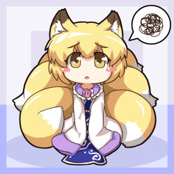 Rule 34 | 1girl, animal ears, bad id, bad pixiv id, blonde hair, blush stickers, chibi, child, dress, eyebrows, eyes visible through hair, female focus, fox ears, fox tail, large buttons, long sleeves, mesou-san, multiple tails, no headwear, open mouth, oversized clothes, short hair, sitting, sleeves past wrists, solo, spoken squiggle, squiggle, tabard, tail, touhou, v arms, white dress, yakumo ran, yellow eyes