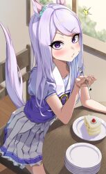 1girl :t absurdres animal_ears aqua_bow azuki_(azuki_azukki) blush bow cake ear_ribbon eating food food_on_face fork highres holding holding_fork horse_ears horse_girl horse_tail horseshoe_ornament indoors long_hair looking_at_viewer mejiro_mcqueen_(umamusume) on_chair plate pleated_skirt puffy_cheeks puffy_short_sleeves puffy_sleeves purple_eyes purple_hair purple_shirt sailor_collar sailor_shirt school_uniform shirt short_sleeves sitting skirt solo strawberry_shortcake summer_uniform swept_bangs tail tracen_school_uniform umamusume window