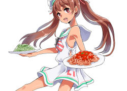 Rule 34 | 10s, 1girl, :d, anchor, blush, brown hair, dark-skinned female, dark skin, dress, fang, food, kantai collection, libeccio (kancolle), open mouth, pasta, red eyes, sailor collar, sailor dress, smile, solo, spaghetti, sugue 304, twintails, white background