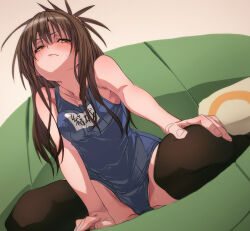 Rule 34 | 1girl, black thighhighs, blue one-piece swimsuit, blush, breasts, brown eyes, brown hair, closed mouth, collarbone, commentary request, couch, covered navel, fingernails, fu-ta, highres, long hair, looking at viewer, medium breasts, old school swimsuit, on couch, one-piece swimsuit, pillow, school swimsuit, sitting, solo, sweat, swimsuit, thighhighs, to love-ru, to love-ru darkness, yuuki mikan