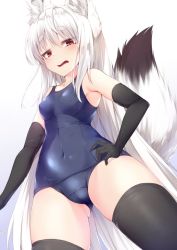 Rule 34 | 1girl, animal ear fluff, animal ears, armpits, black gloves, black thighhighs, blue one-piece swimsuit, breasts, cameltoe, collarbone, covered erect nipples, covered navel, cowboy shot, elbow gloves, eyes visible through hair, fox ears, fox girl, fox tail, gloves, gluteal fold, gradient background, hair between eyes, hair over shoulder, hand on own hip, long hair, looking at viewer, looking down, old school swimsuit, one-piece swimsuit, original, parted lips, red eyes, school swimsuit, small breasts, solo, standing, swimsuit, tail, tail raised, thick eyebrows, thighhighs, very long hair, white background, white hair, yuki kawachi, ||/