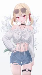 Rule 34 | 1girl, absurdres, alternate costume, black choker, blonde hair, blush, choker, collarbone, earrings, eyewear on head, fashion, floral background, hair ribbon, hand on own hip, highres, hiyayo25, hoop earrings, jewelry, looking at viewer, lycoris recoil, midriff, navel, nishikigi chisato, off-shoulder shirt, off shoulder, open mouth, orange-framed eyewear, red eyes, red ribbon, ribbon, shirt, short hair, short shorts, shorts, smile, solo, standing, sunglasses, thighs, twintails