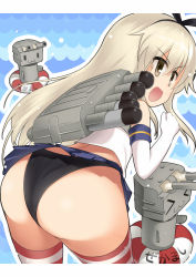 Rule 34 | 10s, 1girl, ass, bad id, bad pixiv id, bare shoulders, black panties, blonde hair, brown eyes, elbow gloves, gloves, kantai collection, lifebuoy, long hair, mocchisake, panties, rensouhou-chan, shimakaze (kancolle), skirt, striped clothes, striped thighhighs, swim ring, thighhighs, underwear