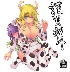 Rule 34 | 1boy, 1girl, :o, age difference, animal costume, animal print, bare shoulders, black thighhighs, blonde hair, blush, breasts, child, chinese zodiac, closed mouth, cool-kyou shinja, cow costume, cow print, dragon horns, drawstring, full-face blush, gradient hair, green eyes, green hair, hair between eyes, highres, horns, huge breasts, jacket, kobayashi-san chi no maidragon, long hair, long sleeves, looking at another, looking away, lucoa (maidragon), magatsuchi shouta, multicolored hair, official art, one eye closed, onee-shota, print legwear, purple eyes, purple hair, short hair, simple background, sitting, sitting on lap, sitting on person, sweatdrop, thighhighs, unzipped, wavy hair, wavy mouth, white background, white thighhighs, year of the ox, zipper