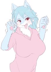 1girl animal_ears animal_hands animal_nose blue_fur blue_hair body_fur breasts fangs furry furry_female head_tilt highres hood hood_down hoodie iruka_neru large_breasts looking_to_the_side medium_hair original pawpads pink_eyes pink_hoodie red_eyes snout solo tongue tongue_out upper_body white_background wolf_ears wolf_girl