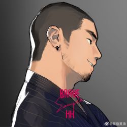 Rule 34 | 1boy, bara, black hair, buzz cut, commission, earrings, facial hair, from side, goatee, grey background, highres, jewelry, laserbiubiu, male focus, mature male, original, portrait, profile picture, sample watermark, short hair, sideburns, smile, solo, stubble, thick eyebrows, upper body, very short hair, watermark