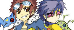 Rule 34 | 2boys, digimon, digimon (creature), digimon kaiser, goggles, goggles on head, looking at viewer, motomiya daisuke, multiple boys, one eye closed, smile, v-mon, wink, wormmon