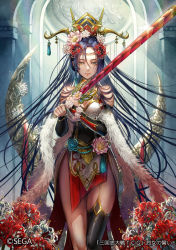 Rule 34 | 1girl, asymmetrical clothes, bare shoulders, black hair, breasts, cleavage, cowboy shot, crescent, earrings, expressionless, flower, holding, holding sword, holding weapon, jewelry, large breasts, lips, lisp, long hair, official art, poshii (posy), sangokushi taisen, single thighhigh, solo, sword, thighhighs, very long hair, weapon
