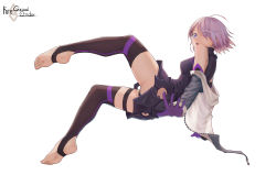 Rule 34 | 1girl, absurdres, ahoge, armor, ass, black thighhighs, breasts, copyright name, eyes visible through hair, fate/grand order, fate (series), feet, from side, full body, hair over one eye, highres, jacket, light purple hair, looking at viewer, mash kyrielight, medium breasts, no shoes, open clothes, open jacket, open mouth, purple eyes, short hair, soles, solo, stirrup legwear, thighhighs, toeless legwear, toes, yashi kano ko