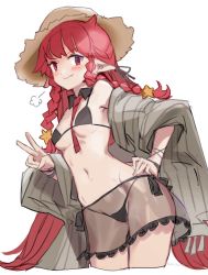 Rule 34 | 1girl, arknights, bikini, black bikini, breasts, hat, highres, horns, long hair, nemo (leafnight), official alternate costume, red eyes, red hair, see-through, solo, straw hat, swimsuit, v, vigna (arknights), vigna (casual vacation) (arknights)