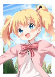 Rule 34 | 1girl, alice cartelet, blonde hair, blue eyes, blush, border, bow, bowtie, buttons, jacket, kin-iro mosaic, long hair, long sleeves, mika miche, open mouth, outstretched arms, pink bow, pink bowtie, pink jacket, smile, solo, spread arms, twintails, upper body, white border