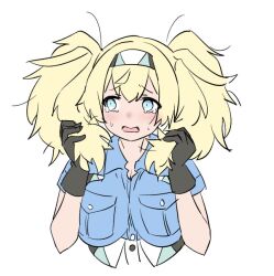 Rule 34 | 1girl, black gloves, blonde hair, blue eyes, blue shirt, breast pocket, breasts, collared shirt, cropped torso, gambier bay (kancolle), gloves, hairband, holding, holding hair, kantai collection, large breasts, looking to the side, messy hair, multicolored hairband, open mouth, pocket, shirt, simple background, solo, tamu (mad works), twintails, upper body, white background