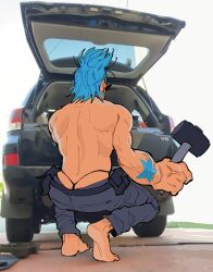 Rule 34 | 1boy, ass, ass peek, back, bara, franky (one piece), from behind, full body, hammer, highres, holding, holding hammer, large hands, male focus, mechanic, muscular, muscular male, one piece, photo background, short hair, sinkurteeth, solo, sparse arm hair, spiked hair, squatting, sunglasses, thong, topless male