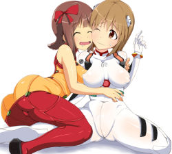 Rule 34 | 2girls, amami haruka, ass, ayanami rei (cosplay), bad id, bad pixiv id, bodysuit, bow, breasts, brown hair, butt crack, cosplay, covered erect nipples, curvy, evangelion: 2.0 you can (not) advance, fay (fay axl), hagiwara yukiho, hair bow, happy, hug, huge ass, idolmaster, idolmaster (classic), impossible clothes, long hair, medium breasts, multicolored clothes, multiple girls, neon genesis evangelion, plugsuit, puffy nipples, rebuild of evangelion, simple background, skin tight, souryuu asuka langley (cosplay), test plugsuit, white background