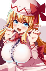 Rule 34 | 1girl, :d, alternate breast size, blonde hair, blue eyes, blush, bow, bowtie, breast suppress, breasts, dress, fairy, fairy wings, fang, gero zoukin, hair bow, hat, highres, large breasts, lily white, open mouth, smile, solo, touhou, upper body, white background, white dress, wings