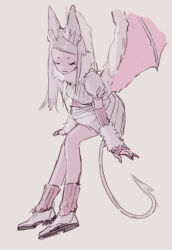 Rule 34 | 1girl, animal ears, arm warmers, bat ears, bat girl, bat tail, bat wings, closed eyes, commentary, evina ic, grey background, grey hair, grey skirt, grey sweater, highres, invisible chair, leaning forward, long hair, original, pink socks, pleated skirt, ribbed sweater, shoes, simple background, sitting, sketch, skirt, socks, solo, sweater, swept bangs, symbol-only commentary, white footwear, wings