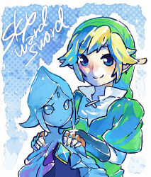 Rule 34 | 1boy, 1girl, blank eyes, blonde hair, blue background, blue cape, blue eyes, blue gemstone, blue hair, blue skin, blush, border, brown gloves, cape, chest jewel, closed mouth, colored skin, copyright name, dress, english text, fi (zelda), fingerless gloves, flat chest, gem, gloves, green headwear, hair flaps, hands on another&#039;s shoulders, hands up, happy, layered sleeves, link, long sleeves, looking at viewer, outline, outside border, parted bangs, purple dress, short hair, short over long sleeves, short sleeves, smile, split mouth, standing, the legend of zelda, the legend of zelda: skyward sword, ukata, undershirt, upper body, white border, white outline