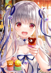 Rule 34 | 1girl, :d, bare arms, bare shoulders, blue ribbon, blurry, blurry background, breasts, commentary request, cupcake, depth of field, dress, food, fujima takuya, grey hair, hair ribbon, highres, holding, holding food, indoors, isekai ni tobasaretara papa ni nattandaga, long hair, open mouth, orurea (isepapa), red eyes, ribbon, saucer, small breasts, smile, solo, strapless, strapless dress, teeth, twintails, twitter username, upper body, upper teeth only, very long hair, white dress