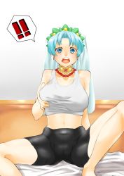 Rule 34 | 1girl, blue eyes, blue hair, braid, grabbing another&#039;s breast, breasts, choker, cleavage, dress, grabbing, grune (tales), highres, jewelry, midriff, navel, necklace, open mouth, short hair, shorts, tales of (series), tales of legendia, veil