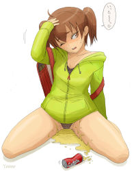 Rule 34 | 1girl, ahoge, artist name, backpack, bag, brown eyes, brown hair, brown panties, can, drink can, highres, hood, hoodie, one eye closed, open mouth, original, panties, plus step, randoseru, short twintails, simple background, sitting, soda can, solo, spill, sweatdrop, translation request, twintails, underwear, wariza, white background