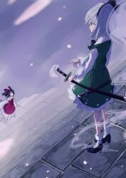 Rule 34 | 2girls, absurdres, ascot, black bow, black hair, bob cut, bow, cherry blossoms, commentary request, detached sleeves, fighting stance, fog, ghost, gohei, green skirt, green vest, grey hair, hair bow, hair tubes, hairband, hakugyokurou, hakurei reimu, highres, hitodama, hitodama print, holding, holding gohei, holding sword, holding weapon, katana, konpaku youmu, konpaku youmu (ghost), long sleeves, looking down, looking up, multiple girls, ofuda, outdoors, perfect cherry blossom, petals, ready to draw, red ascot, red bow, red eyes, red shirt, red skirt, shirt, short hair, skirt, stairs, sword, touhou, uzumibi, vest, weapon, white shirt