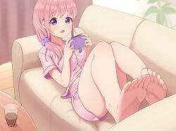 Rule 34 | 1girl, armchair, barefoot, chair, feet, foot focus, furou, glass, hair tie, highres, lying, open mouth, original, pink hair, pink shirt, pink shorts, purple eyes, shirt, shorts, soles, solo, table, toes