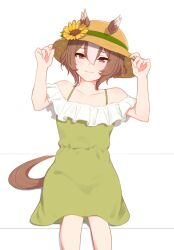 Rule 34 | 1girl, alternate costume, animal ears, bare shoulders, brown eyes, brown hair, bukeo, casual, closed mouth, collarbone, dress, ears through headwear, feet out of frame, flat chest, flower, green dress, hair between eyes, hands on headwear, hat, hat flower, highres, horse ears, horse girl, horse tail, light blush, looking at viewer, multicolored hair, off-shoulder dress, off shoulder, short hair, sitting, smile, solo, straight-on, straw hat, streaked hair, tail, umamusume, white background, yaeno muteki (umamusume)